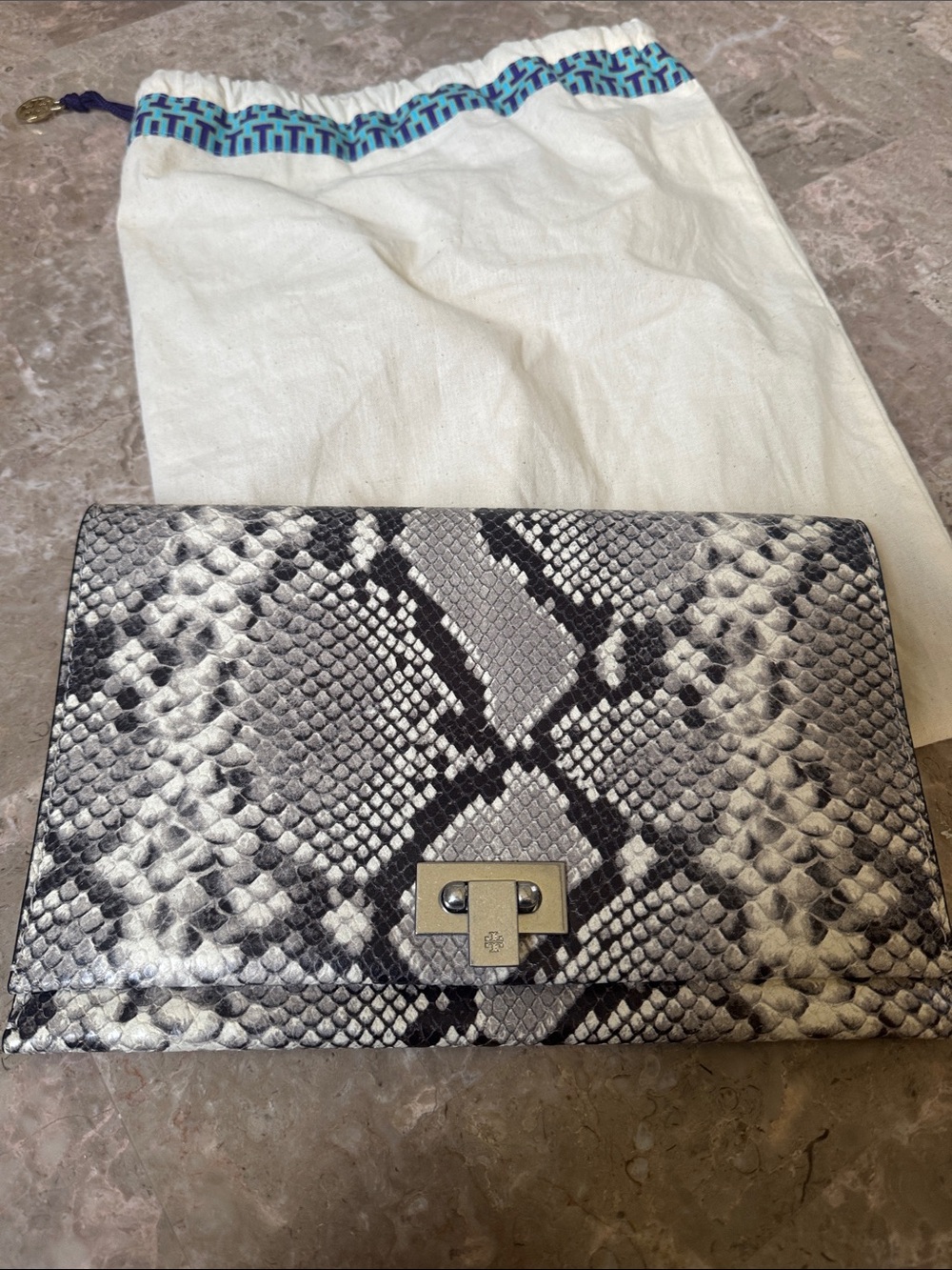 Tory Burch Black and Gray Python-Print Clutch